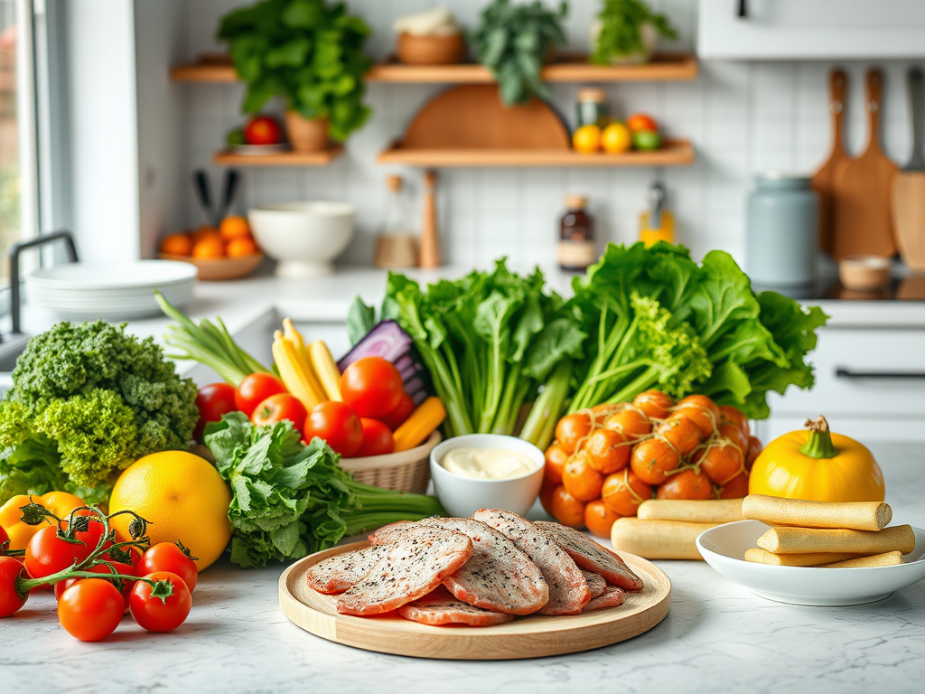 На столе свежие овощи, фрукты и мясные нарезки на фоне кухни. Яркие цвета и аппетитный вид.