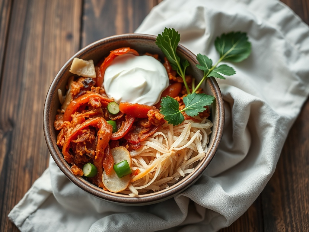 Чаша с пастой, красным перцем, мясом, зеленью и ложкой сметаны на фоне светлой ткани и деревянного стола.