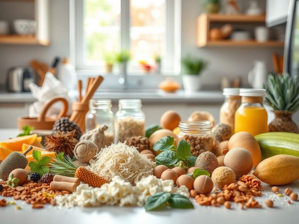 На столе разложены свежие продукты: овощи, яйца, орехи и мед. Светлая кухня на фоне.