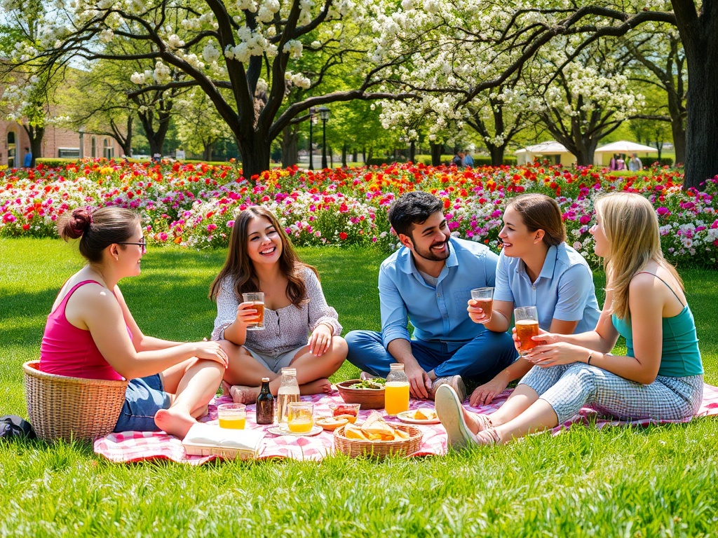 Молодежь отдыхает на лужайке на пикнике среди цветов, наслаждаясь напитками и веселым общением.