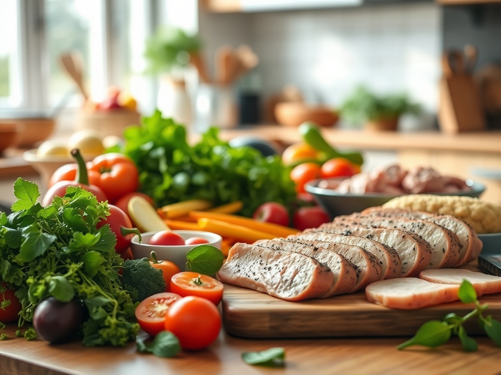 Свежие овощи и нарезка мяса на кухонном столе, готовые для приготовления блюд.