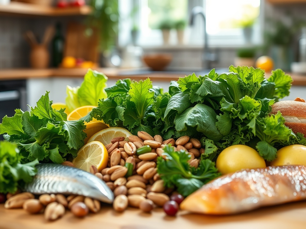 На столе свежие овощи, орехи, лимоны и рыба в светлой кухне. Здоровая еда и натуральные продукты.