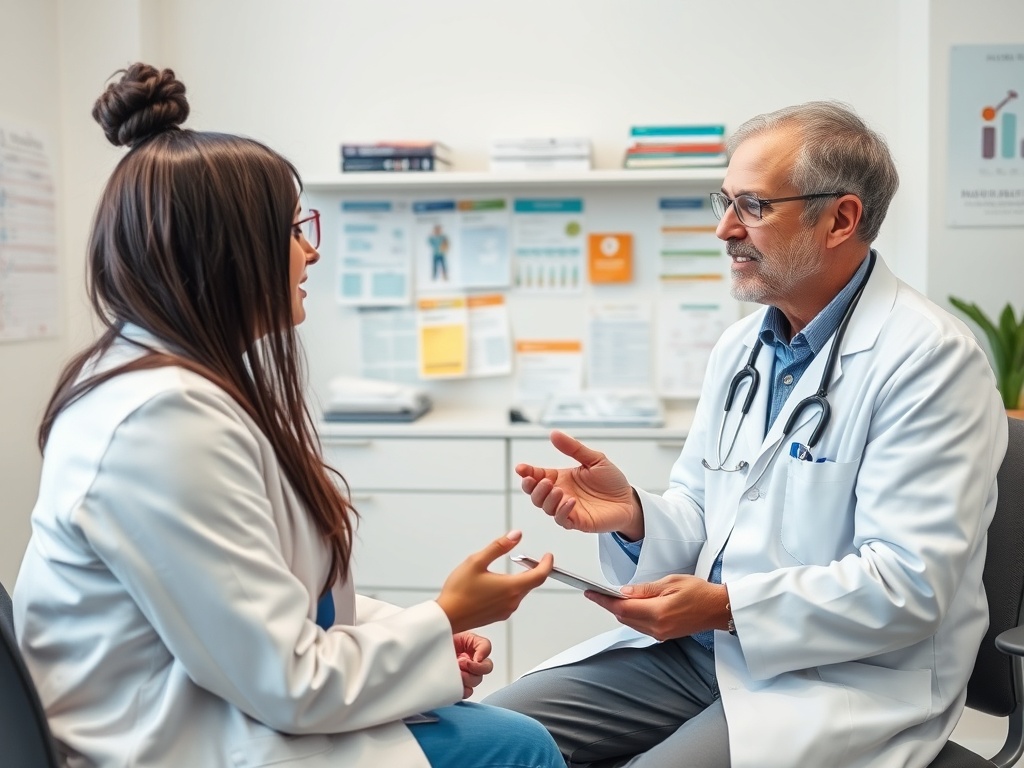 Доктор и пациент обсуждают медицинские вопросы, сидя в кабинете с документами на стенах.