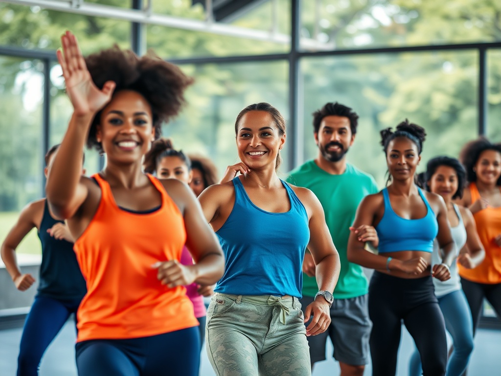 Группа людей занимается фитнесом в зале, все улыбаются и активно двигаются вместе под музыку.