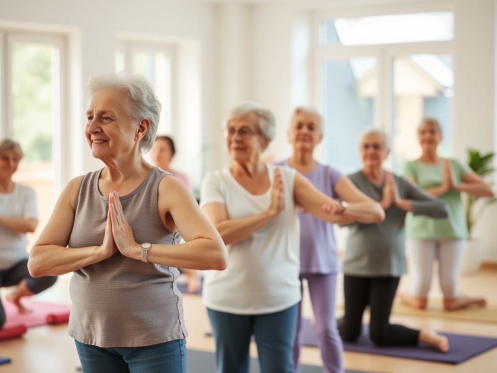 Группа пожилых женщин занимается йогой в светлом помещении, практикуя релаксацию и гармонию.