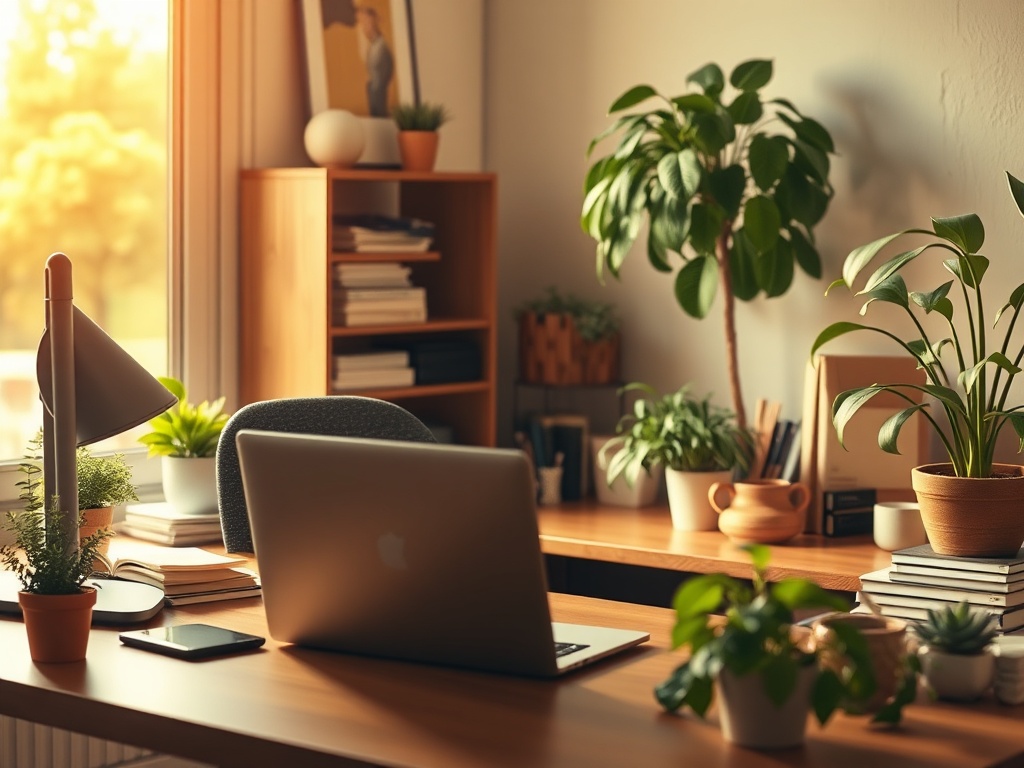 Уютный офис с компьютером, растениями и хорошим освещением, создающим теплую атмосферу.