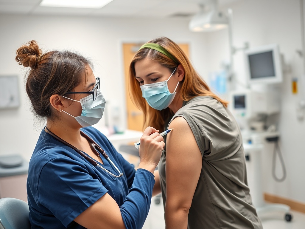 Медицинская работница делает прививку пациенту в клинике. Обе носят защитные маски.