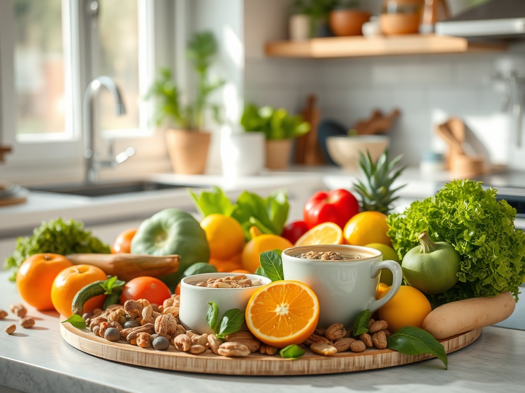 На деревянном блюде разнообразные фрукты, орехи и овощи, два кофе в чашках на фоне светлой кухни.