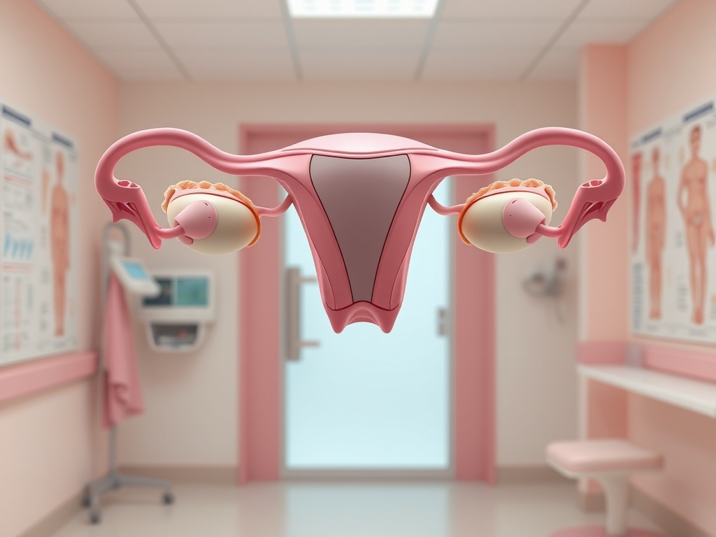 Моделирование женской репродуктивной системы в медицинском кабинете. Розовые тона и учебные плакаты на стенах.