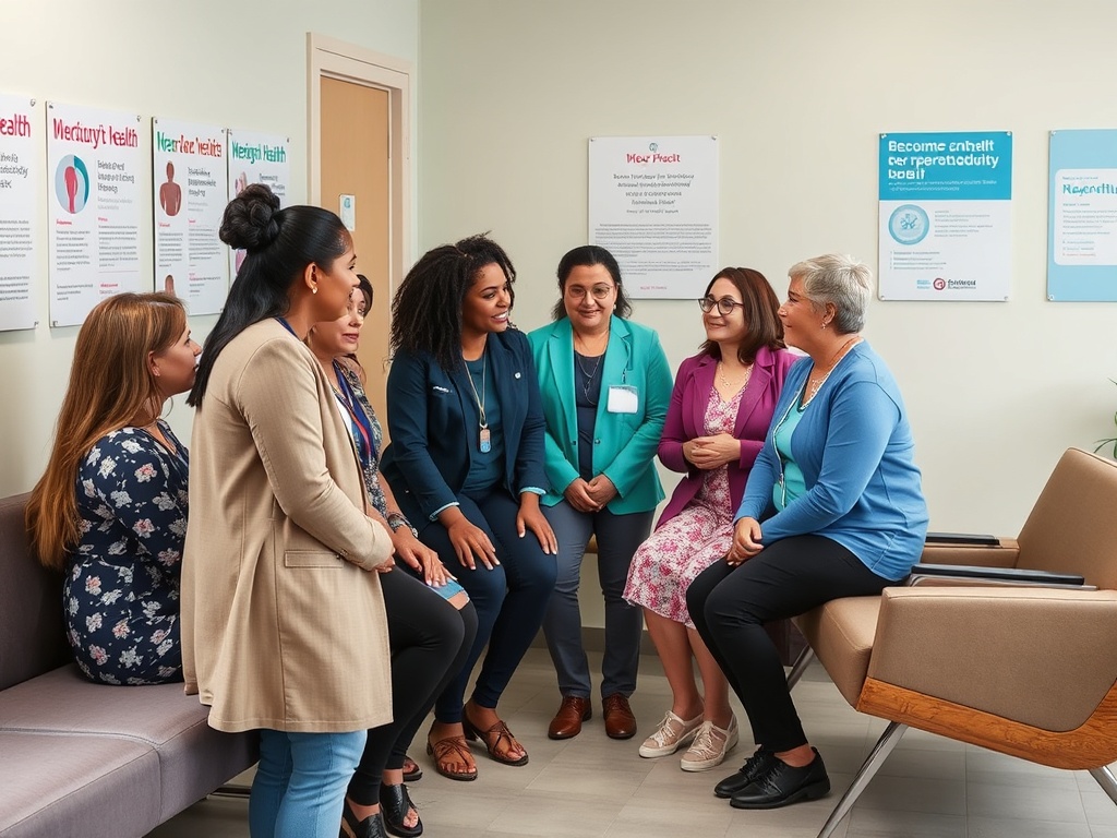 Группа женщин общается в комнате, обсуждая темы здоровья и поддерживающей информации на стенах.