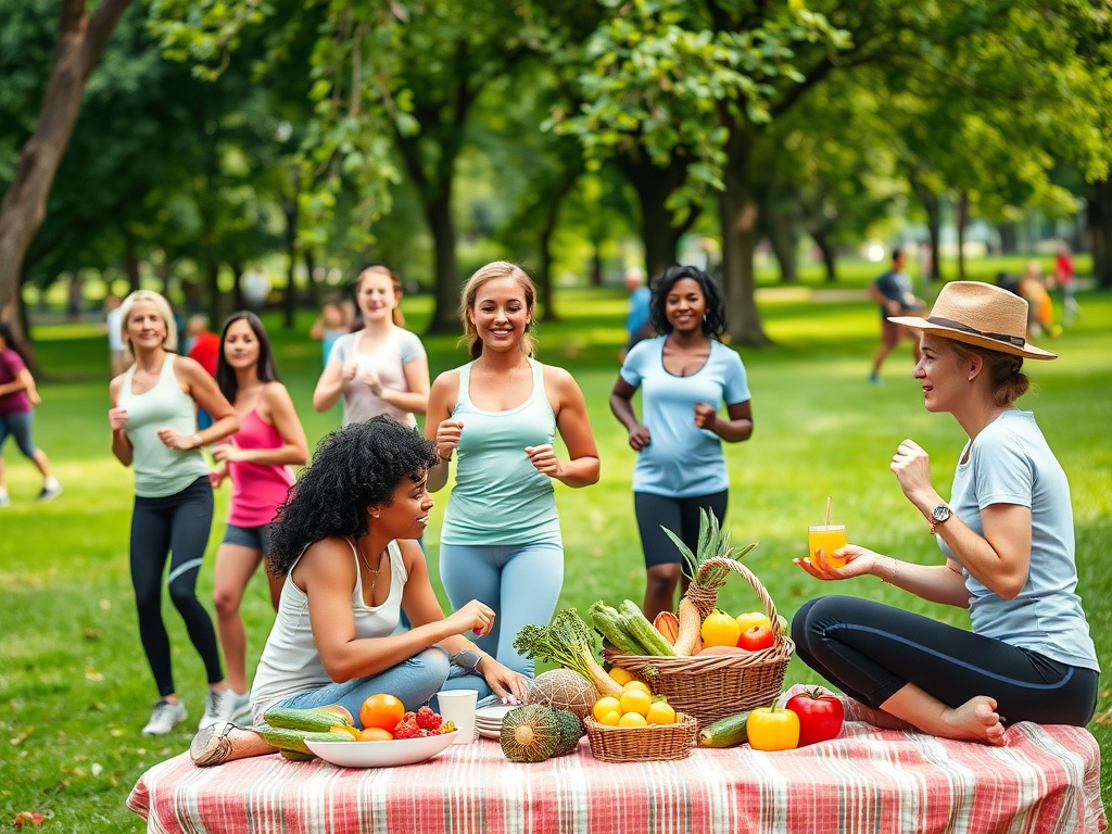 Группа женщин занимается спортом на открытом воздухе, в компании с фруктами и напитками на столе.