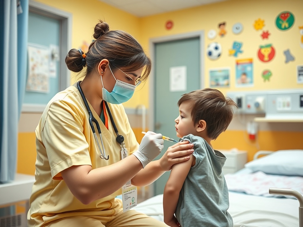 Медсестра делает прививку маленькому мальчику в яркой детской комнате клиники.