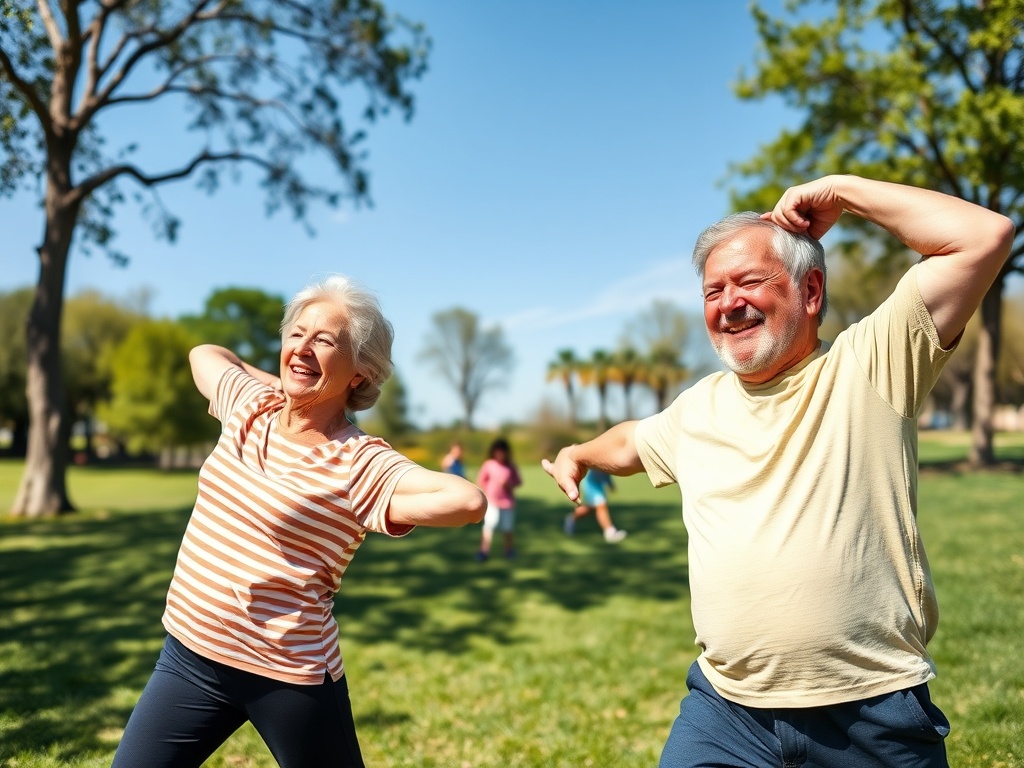 Два пожилых человека улыбаются и занимаются гимнастикой на солнечном лужайке в парке.