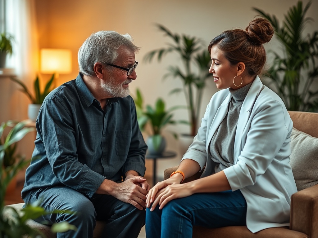 Два человека в уютной обстановке ведут дружескую беседу, окруженные зелеными растениями.