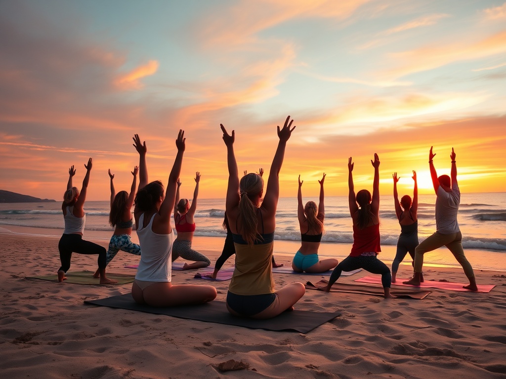 Группа людей занимается йогой на пляже на фоне заката, поднимая руки к небу.