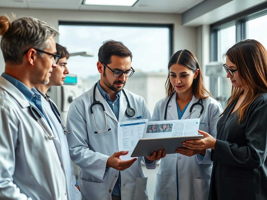 Группа медиков обсуждает данные на планшете в современном медицинском центре.