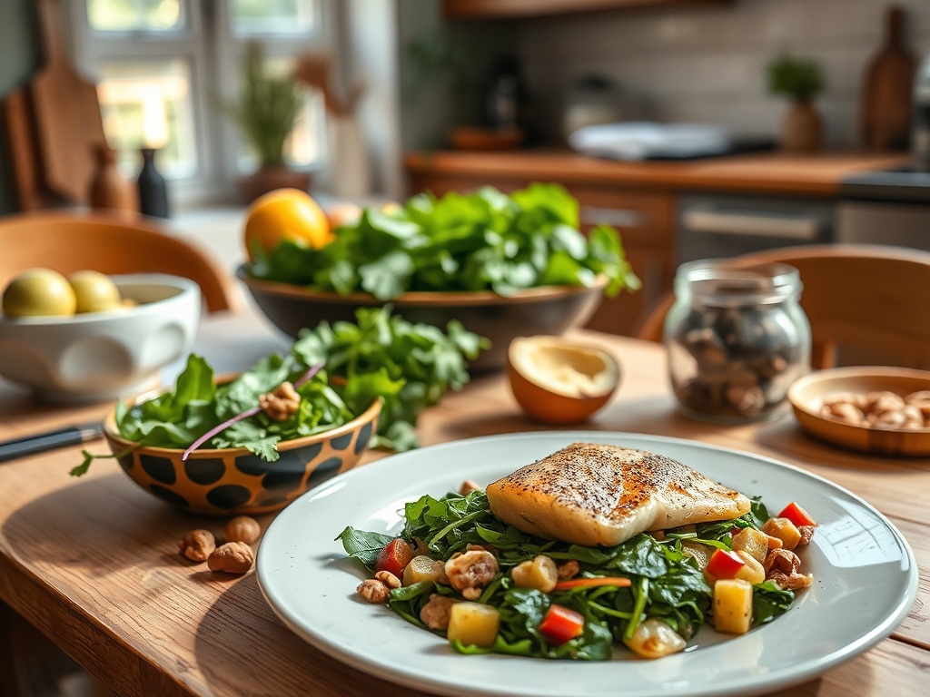 На столе находится рыба с овощным салатом и орехами, окруженная свежими ингредиентами. Уютная кухня.