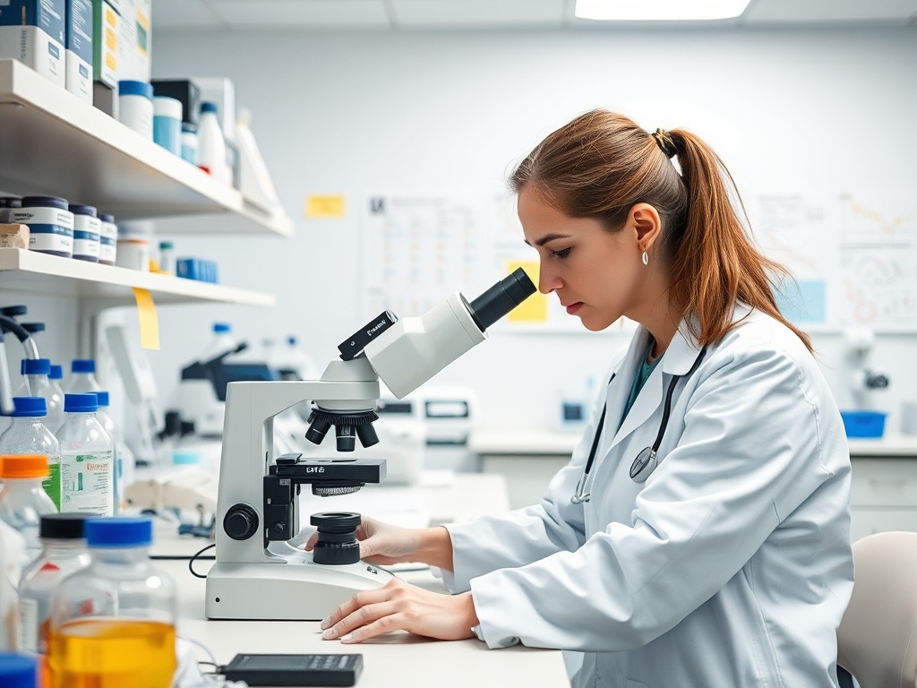 Женщина в белом халате работает с микроскопом в лаборатории, окружена лабораторными принадлежностями.