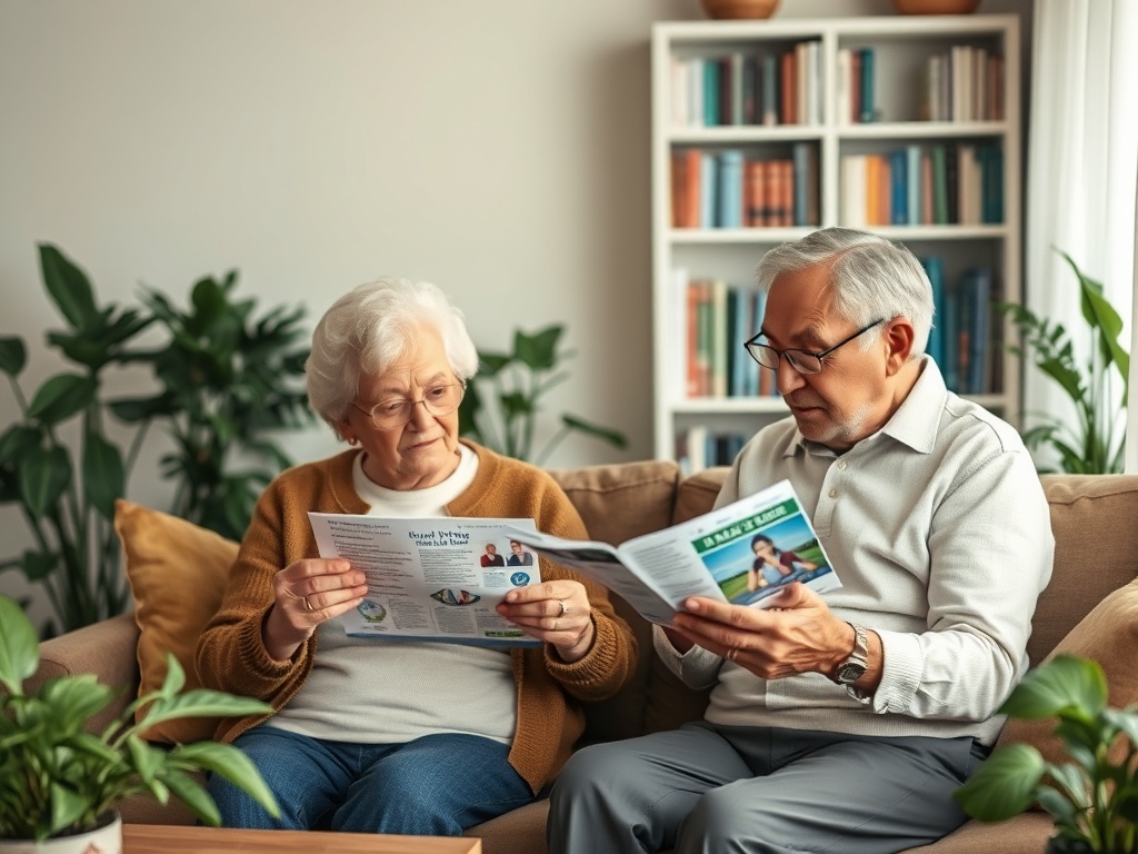 Два пожилых человека сидят на диване и читают брошюры, окружённые зелеными растениями в уютной комнате.