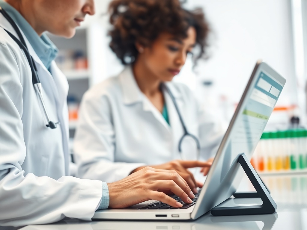 Два врача работают за столом, один вводит данные на ноутбуке, второй сосредоточен на экране.