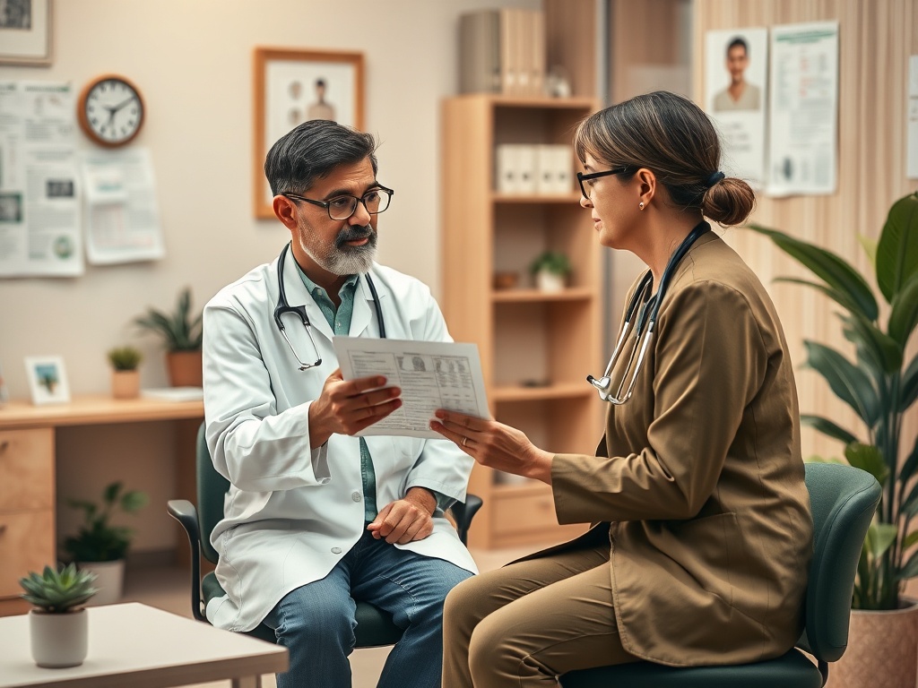 Врач и медсестра обсуждают медицинские документы в офисе с растениями и плакатами на стенах.