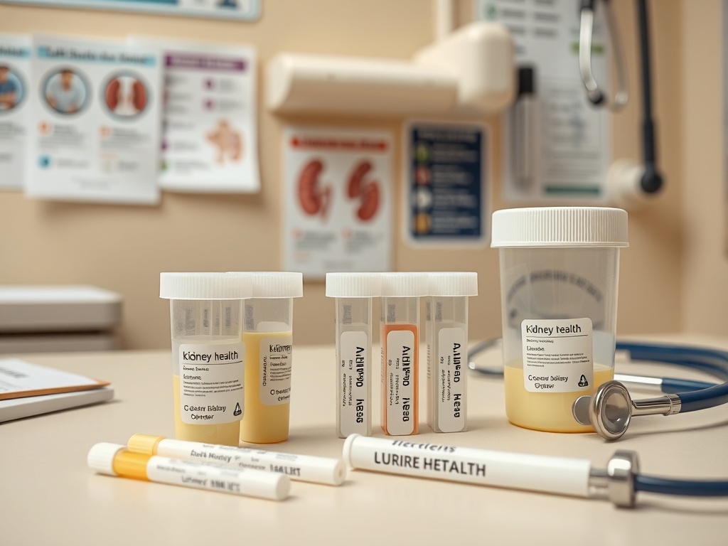 На столе находятся контейнеры с образцами для анализа здоровья почек и стетоскоп. Врачебный кабинет.
