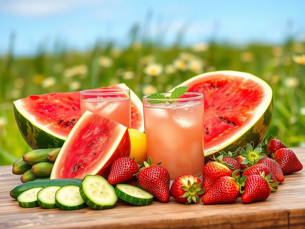 На столе яркие фрукты: арбуз, клубника и огурцы. Справа два напитка с мятой, на фоне зелёных лугов.