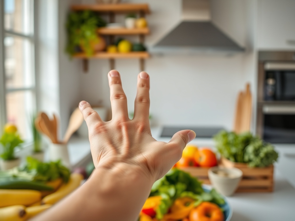 Рука вытянута к свежим овощам и фруктам на кухонном столе. Светлое пространство с зеленью на полках.