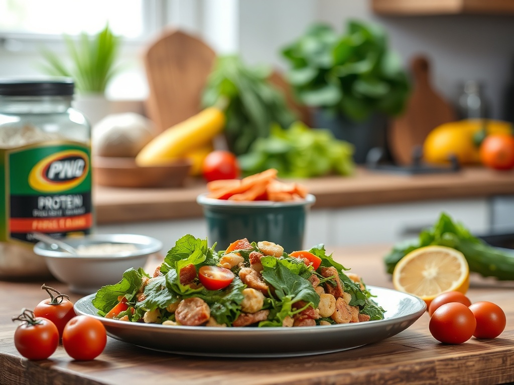 На тарелке салат с томатами, зеленью и орехами, на заднем плане овощи и протеиновый порошок.