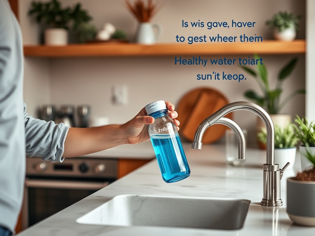 На кухне женщина держит бутылку с синей водой рядом с краником. Стильный и аккуратный интерьер.