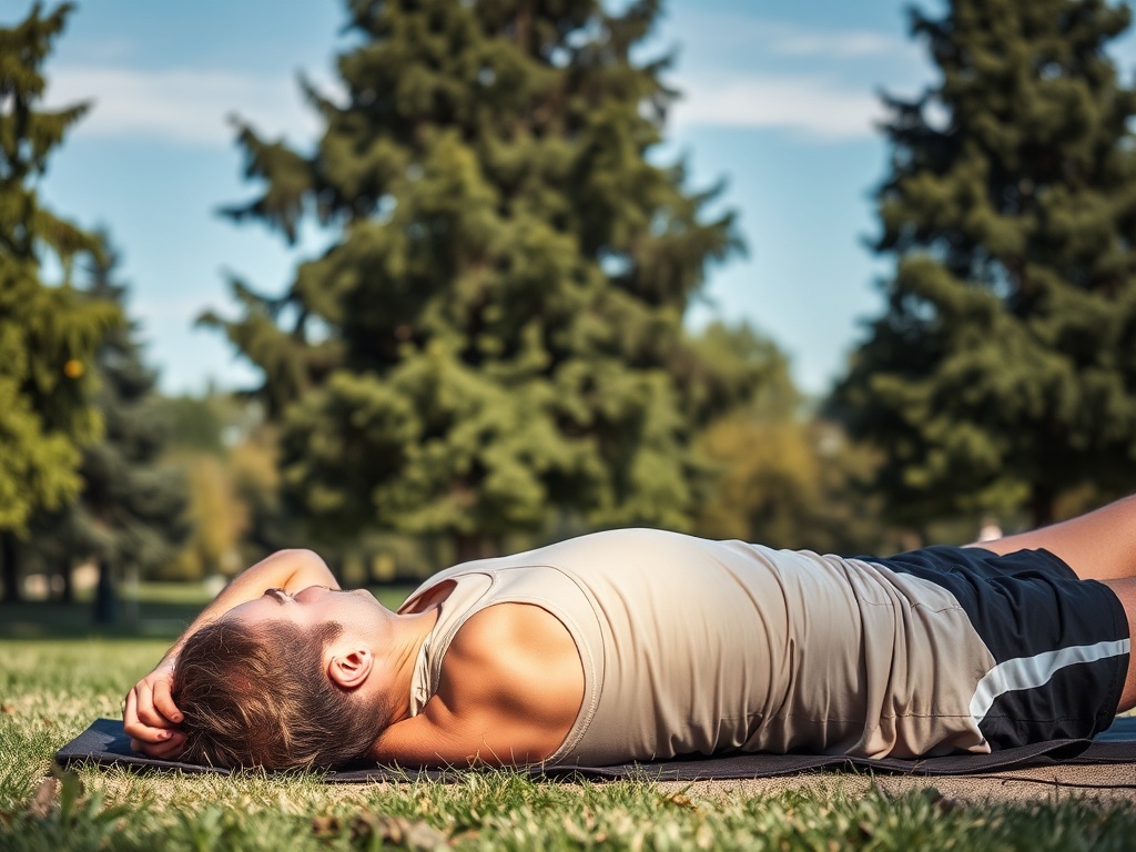 Женщина лежит на коврике в парке, расслабляясь на траве под солнечным небом.