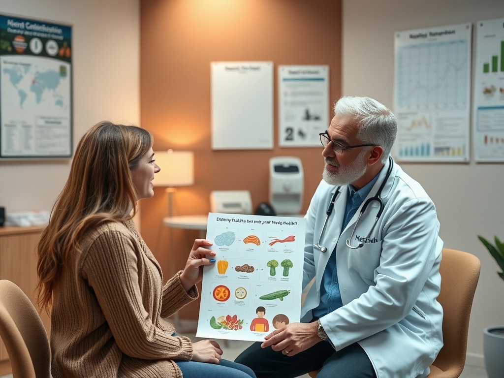 Врач обсуждает здоровое питание с пациенткой, показывая иллюстрации полезных продуктов.