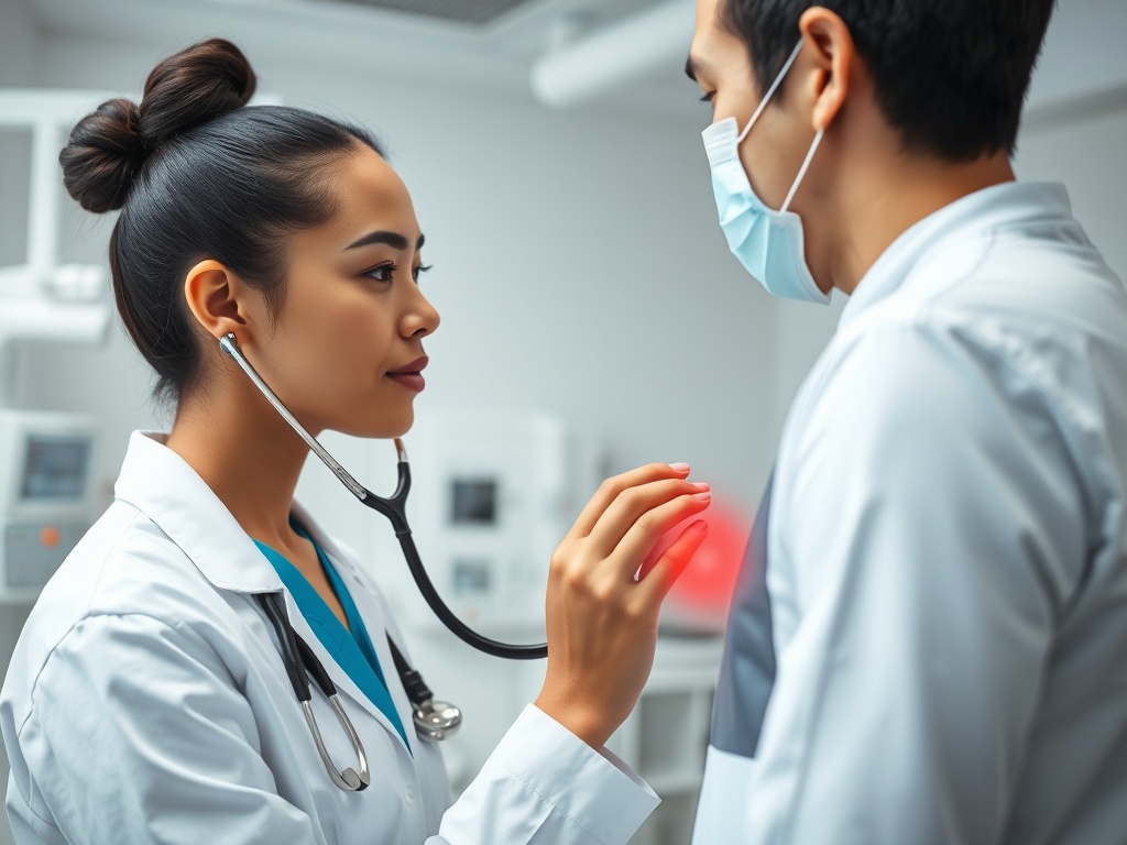 Врачи общаются в клинике, один из них слушает сердце другого с помощью стетоскопа.