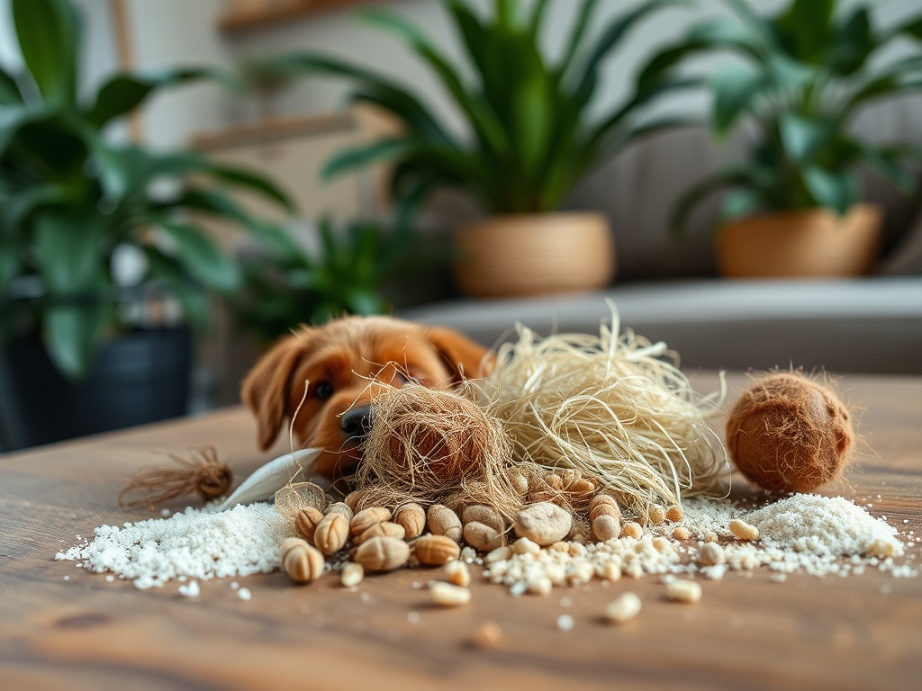 На столе расположены орехи, семена и волокна, а на заднем плане видно любопытное молодое щенок.